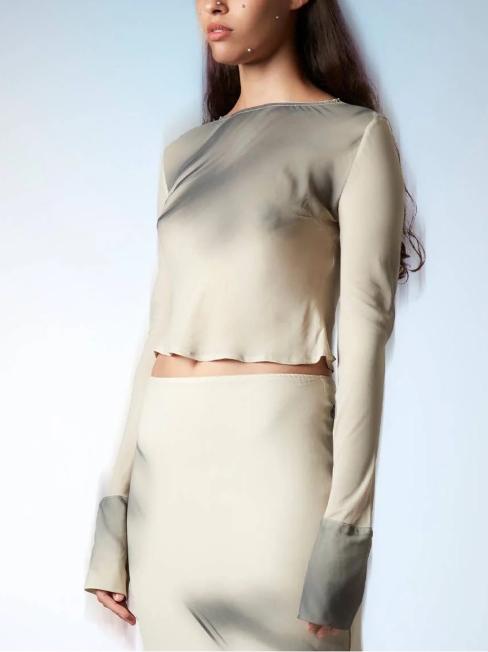 CARMEN SAYS Hereafter printed Satin Long Sleeve Crop Top (122)